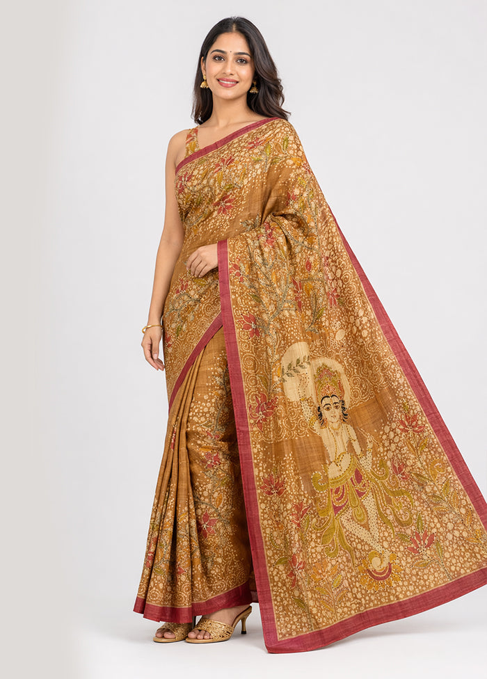 Peach Handloom Tussar Pure Silk Saree With Blouse Piece