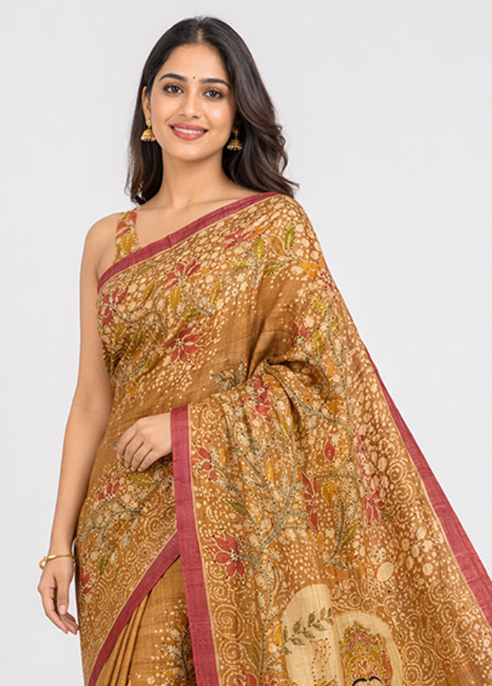 Peach Handloom Tussar Pure Silk Saree With Blouse Piece