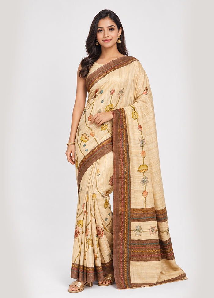Cream Handloom Tussar Pure Silk Saree With Blouse Piece