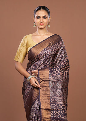 Grey Handloom Tussar Pure Silk Saree With Blouse Piece