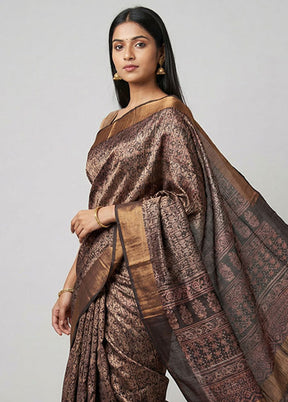 Grey Handloom Tussar Pure Silk Saree With Blouse Piece