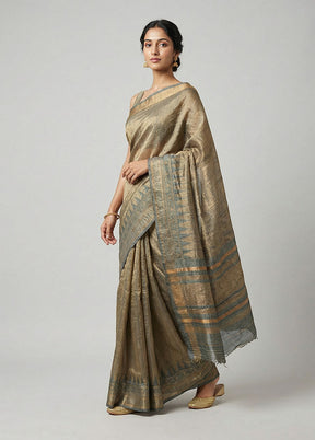 Green Handloom Tussar Pure Silk Saree With Blouse Piece
