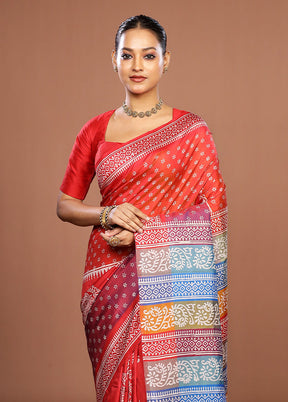 Rust Pure Bishnupuri Silk Saree With Blouse Piece