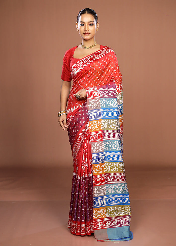 Rust Pure Bishnupuri Silk Saree With Blouse Piece