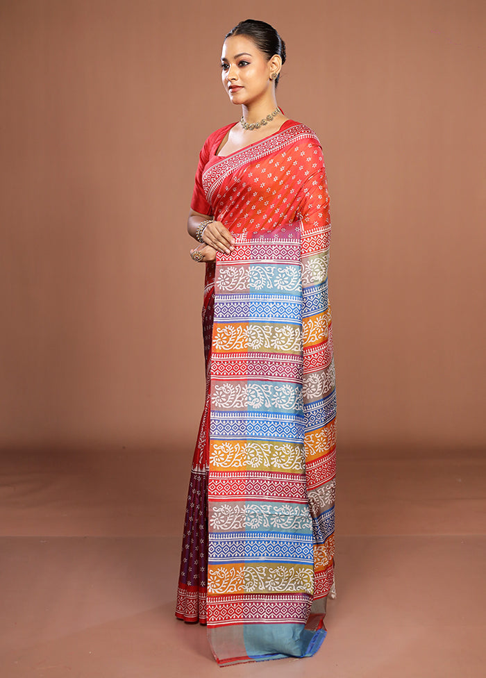 Rust Pure Bishnupuri Silk Saree With Blouse Piece