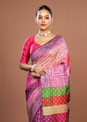 Pink Printed Pure Silk Saree Without Blouse Piece