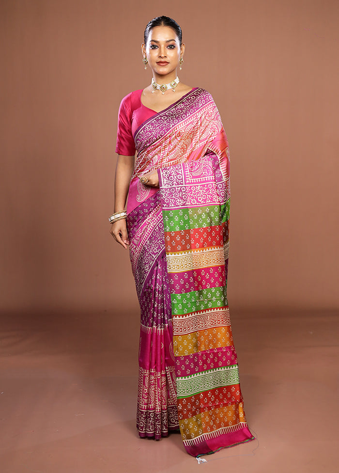 Pink Printed Pure Silk Saree Without Blouse Piece