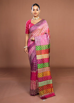 Pink Printed Pure Silk Saree Without Blouse Piece