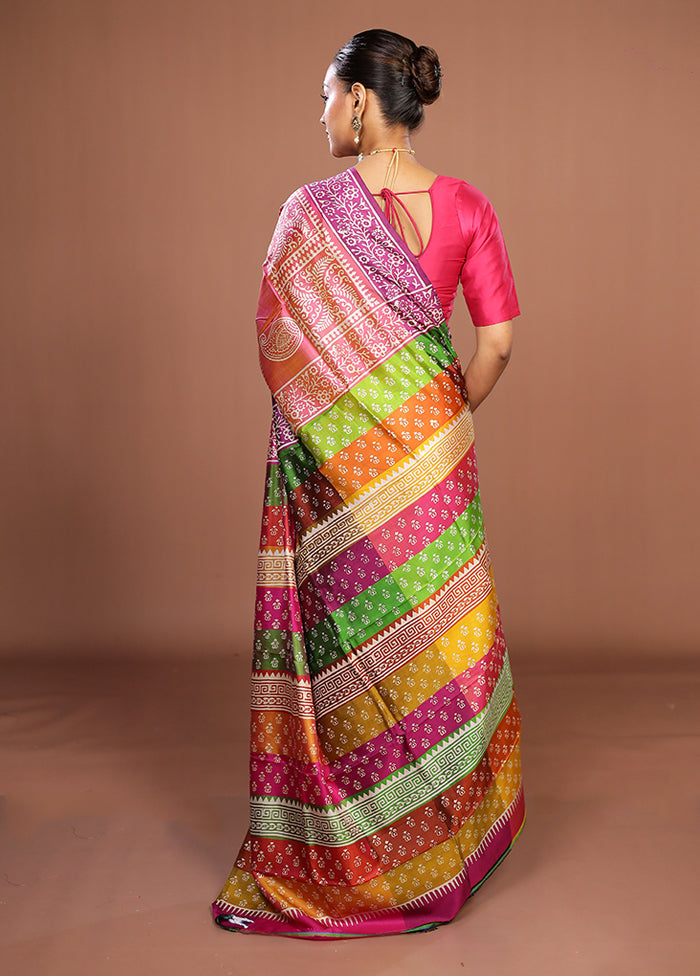 Pink Printed Pure Silk Saree Without Blouse Piece