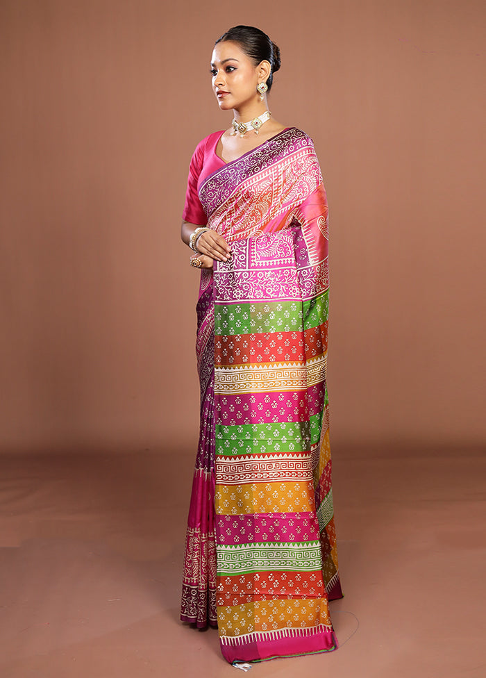 Pink Printed Pure Silk Saree Without Blouse Piece