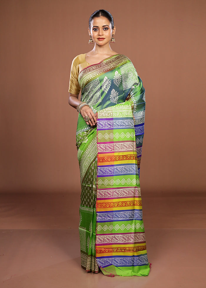 Green Pure Bishnupuri Silk Saree With Blouse Piece