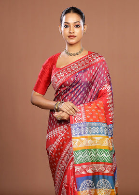Rust Pure Bishnupuri Silk Saree With Blouse Piece