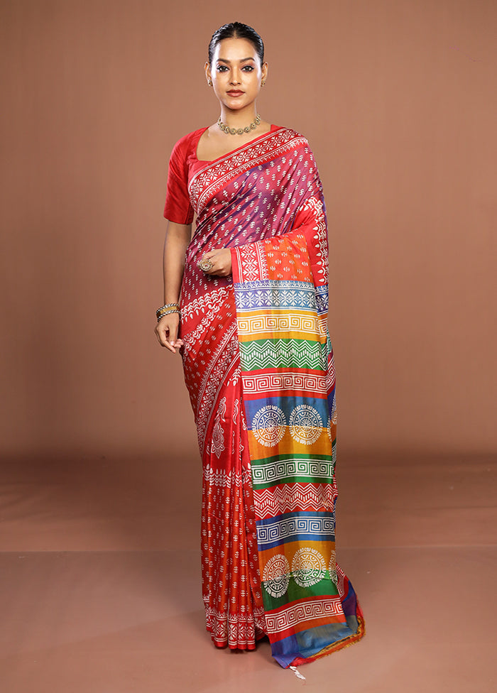 Rust Pure Bishnupuri Silk Saree With Blouse Piece