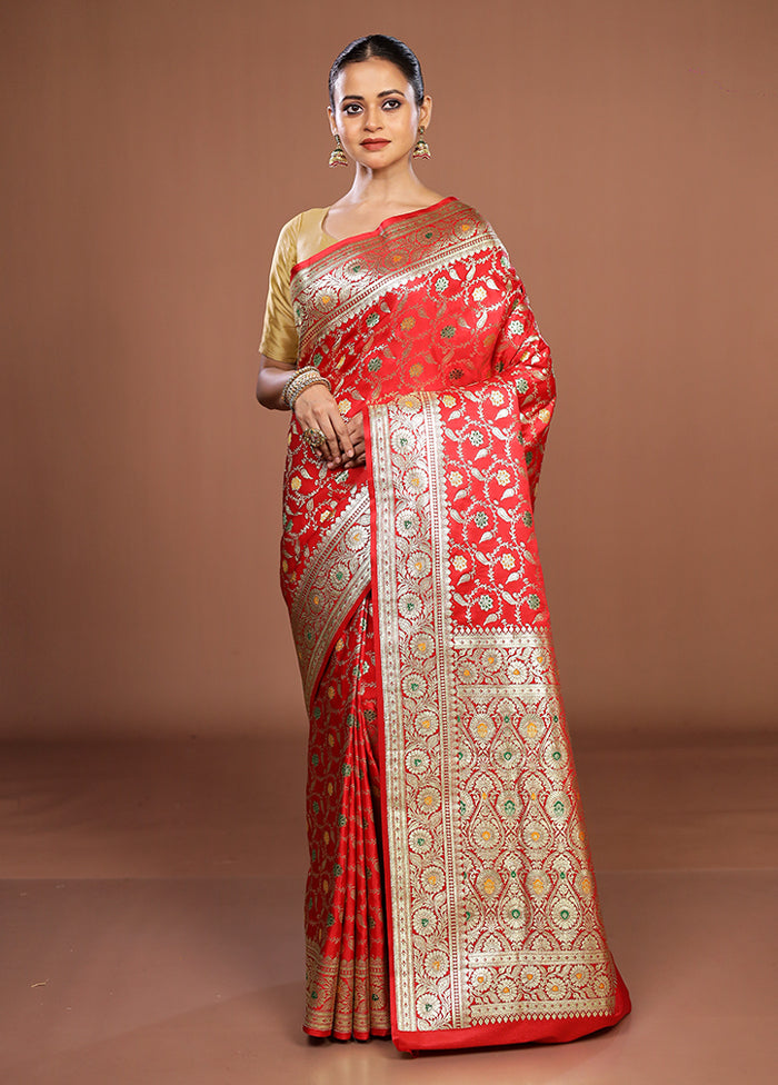 Red Banarasi Silk Saree With Blouse Piece