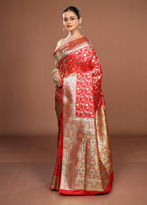 Red Banarasi Silk Saree With Blouse Piece