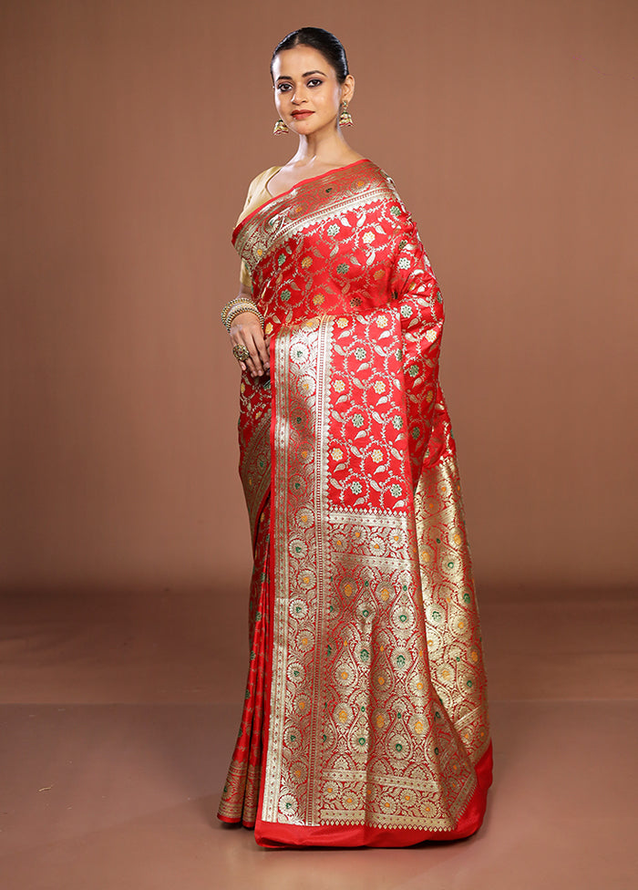 Red Banarasi Silk Saree With Blouse Piece