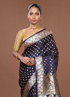 Blue Banarasi Silk Saree With Blouse Piece
