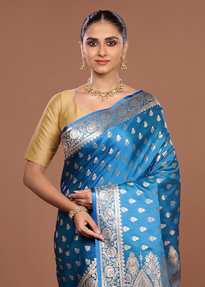 Blue Banarasi Silk Saree With Blouse Piece