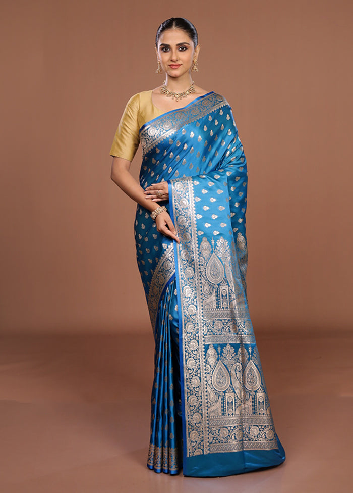 Blue Banarasi Silk Saree With Blouse Piece