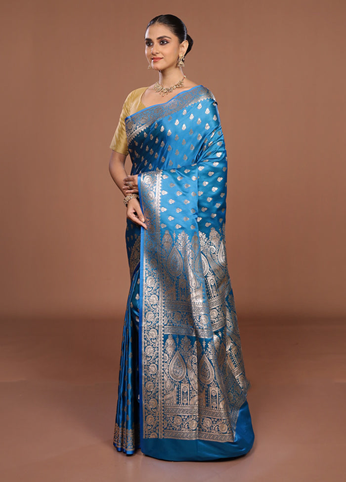 Blue Banarasi Silk Saree With Blouse Piece