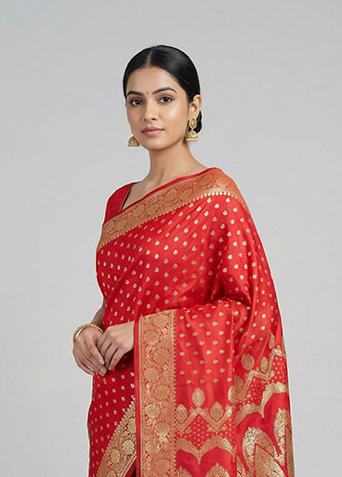 Red Banarasi Silk Saree With Blouse Piece