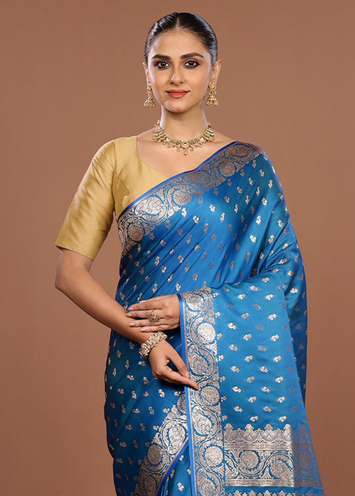 Blue Banarasi Silk Saree With Blouse Piece