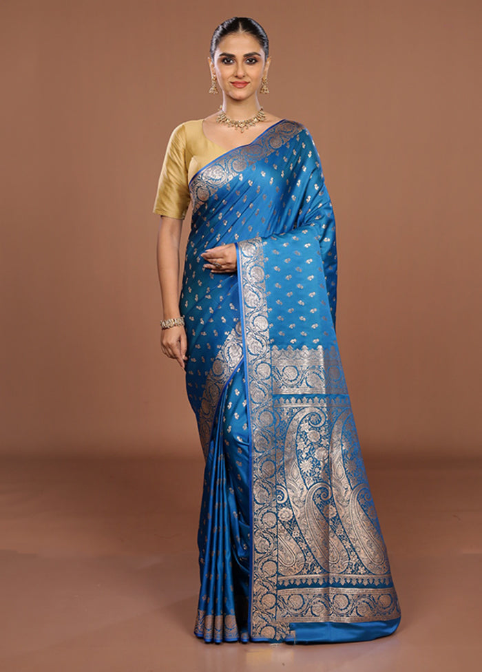 Blue Banarasi Silk Saree With Blouse Piece