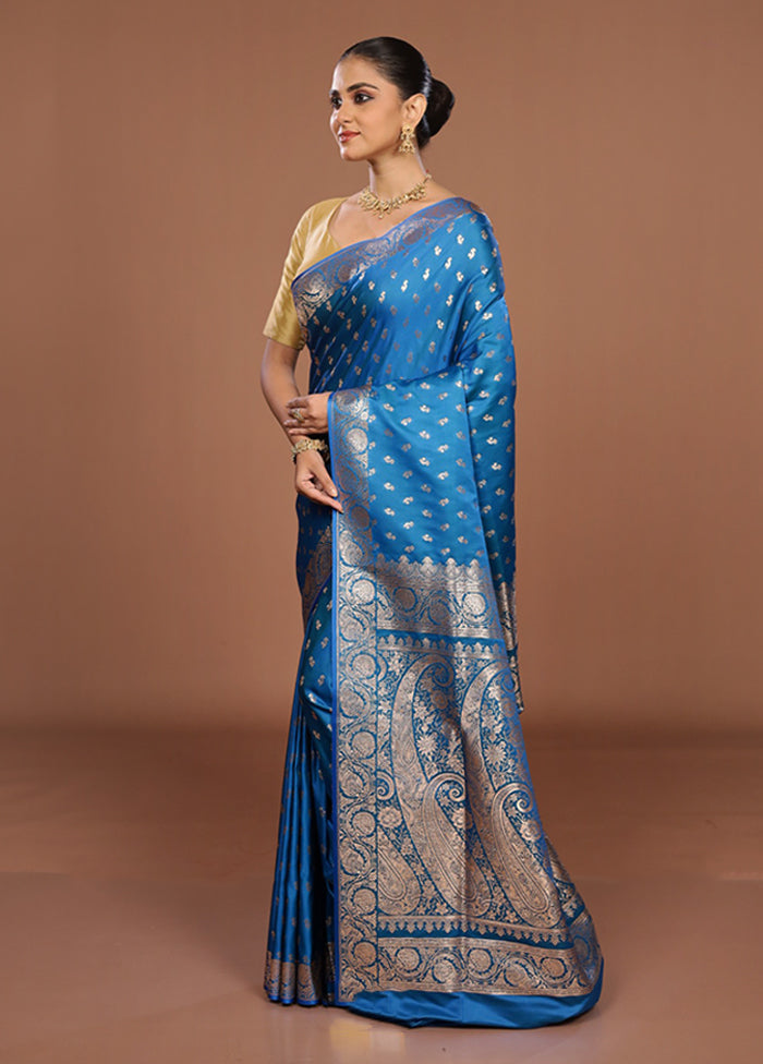 Blue Banarasi Silk Saree With Blouse Piece