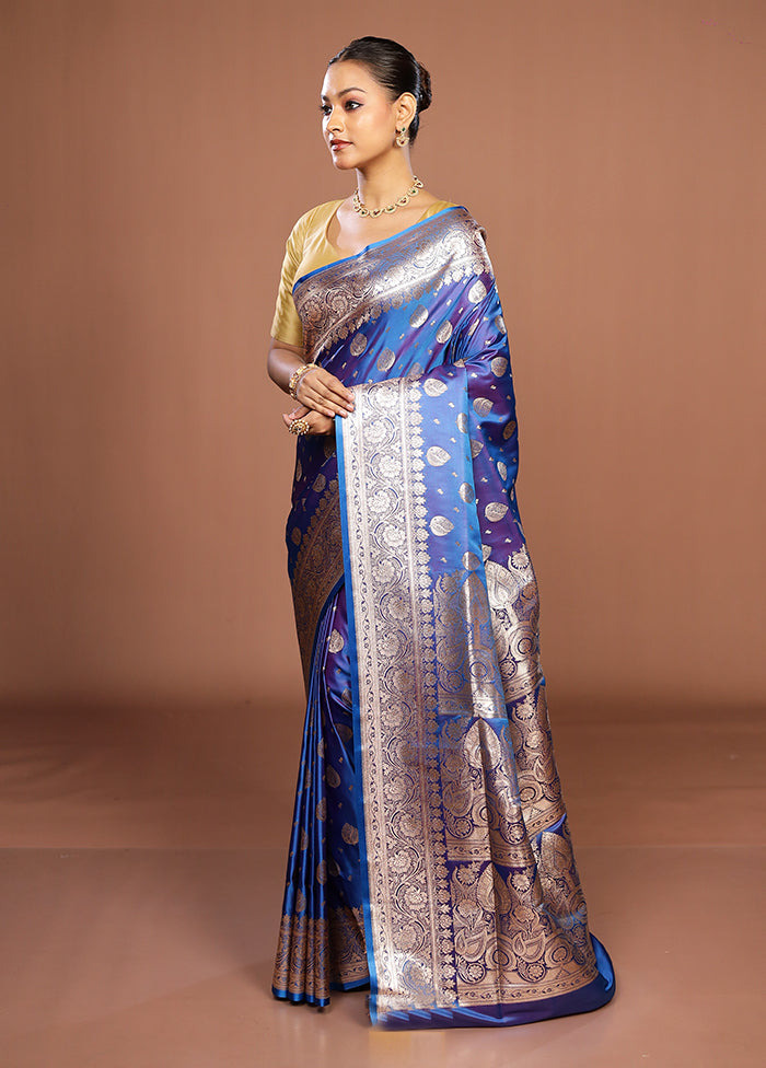 Blue Banarasi Silk Saree With Blouse Piece