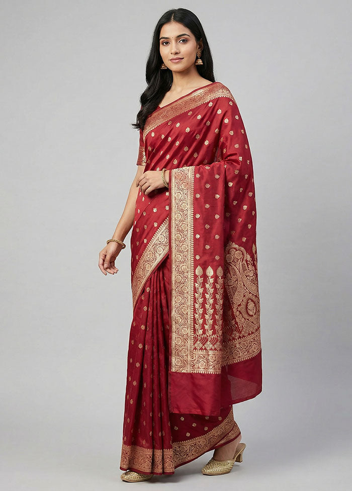 Maroon Banarasi Silk Saree With Blouse Piece