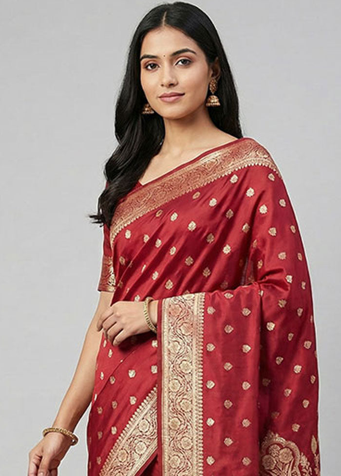 Maroon Banarasi Silk Saree With Blouse Piece