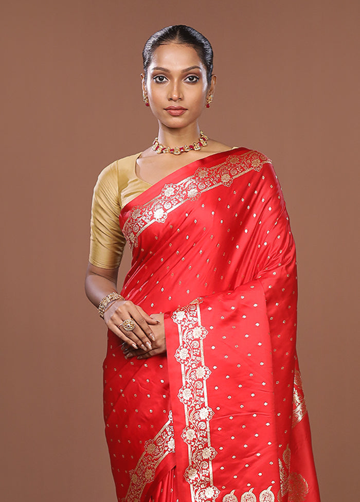 Red Banarasi Silk Saree With Blouse Piece