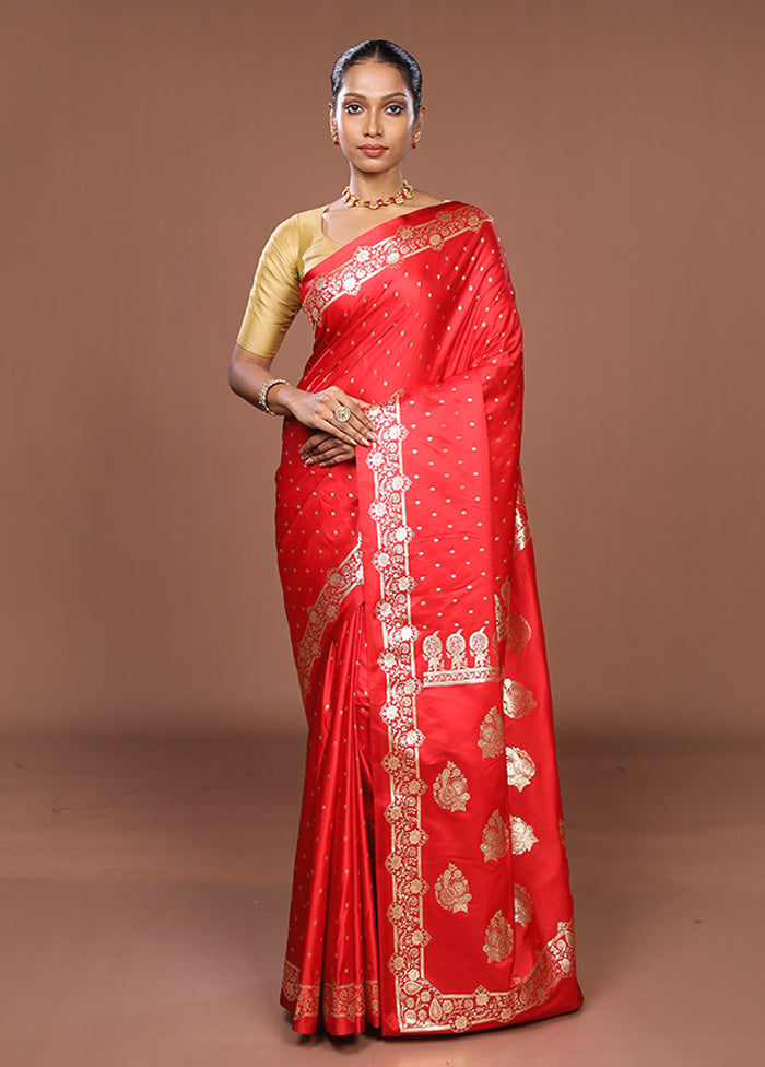 Red Banarasi Silk Saree With Blouse Piece
