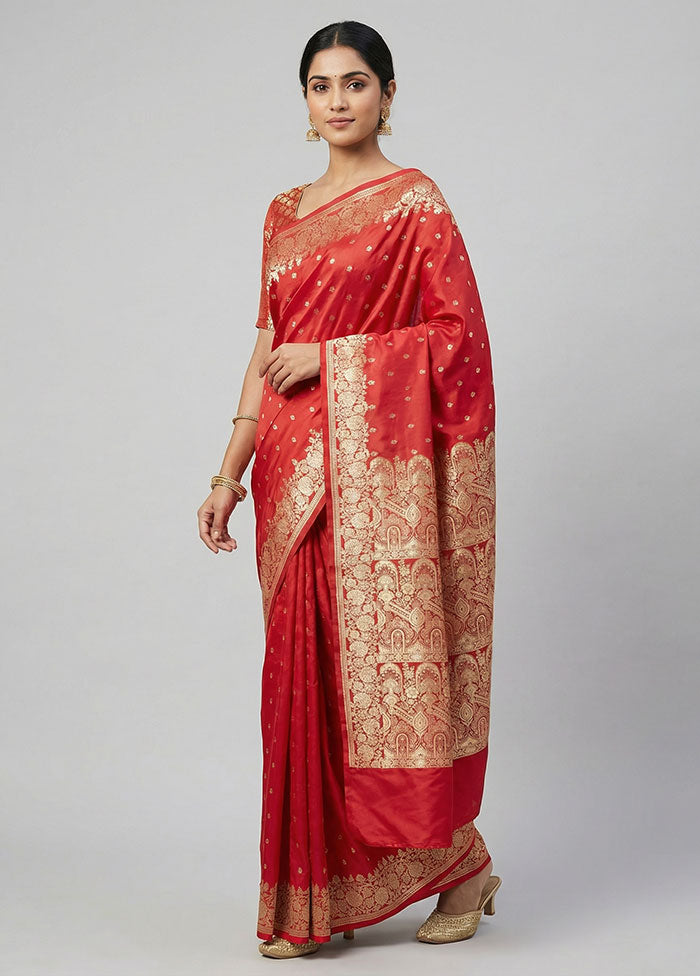 Red Banarasi Silk Saree With Blouse Piece