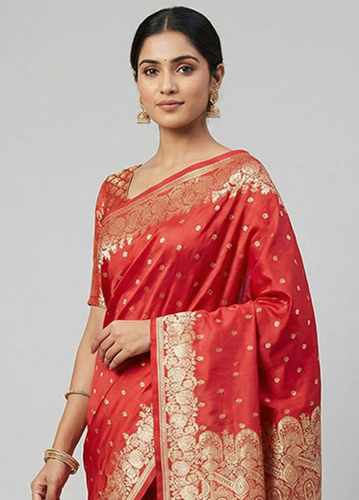 Red Banarasi Silk Saree With Blouse Piece