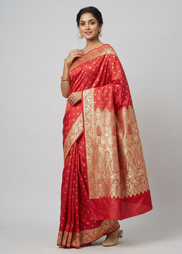 Red Banarasi Silk Saree With Blouse Piece