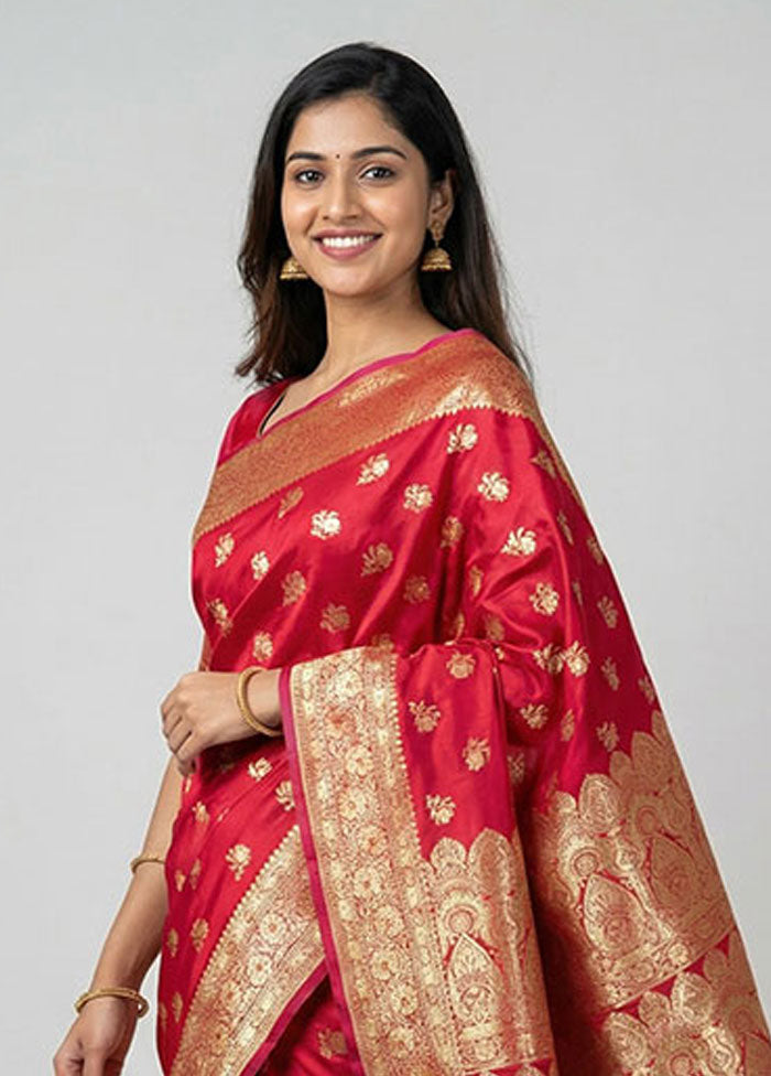 Pink Banarasi Silk Saree With Blouse Piece