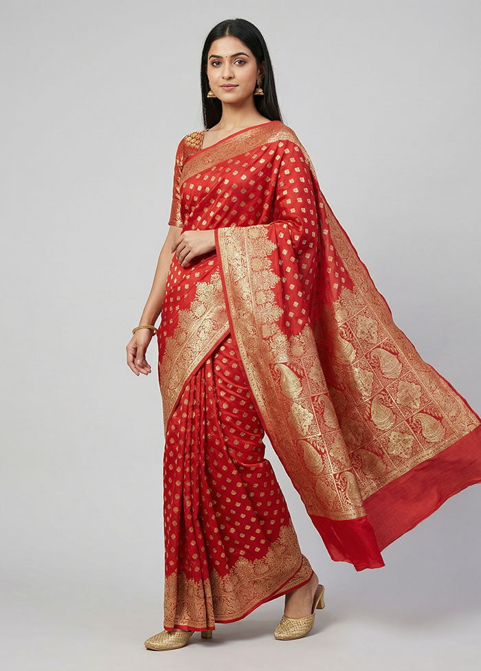 Red Banarasi Silk Saree With Blouse Piece