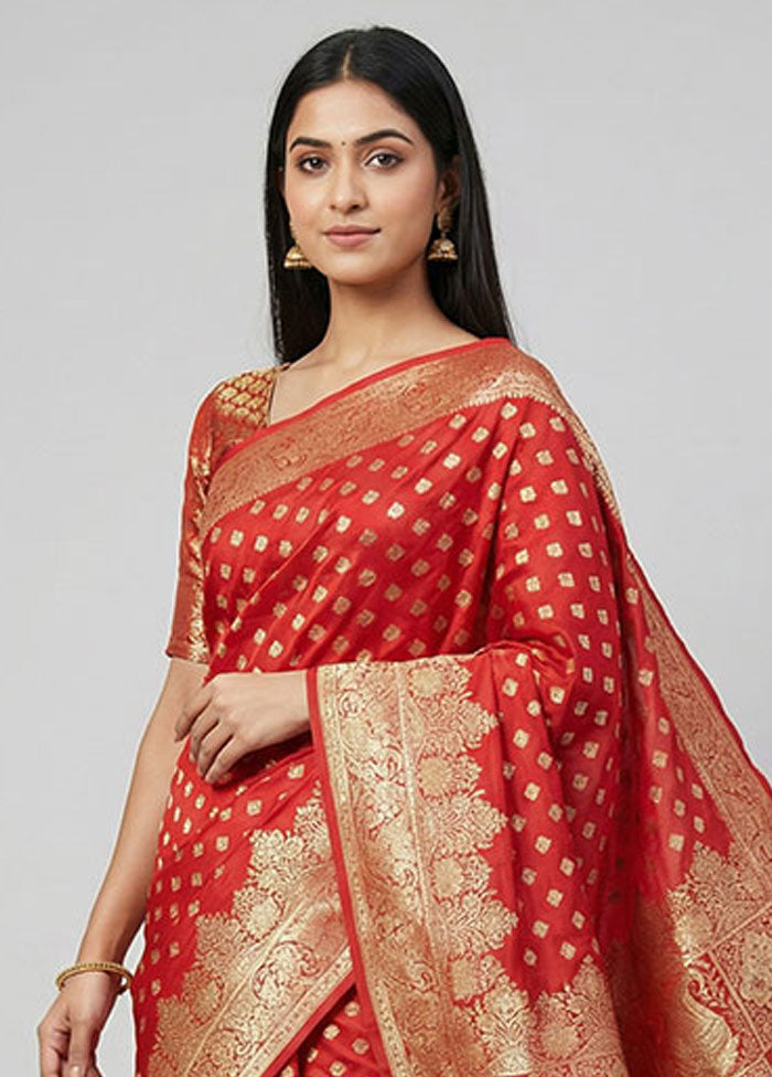 Red Banarasi Silk Saree With Blouse Piece