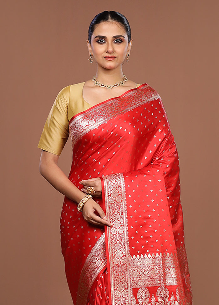 Red Banarasi Silk Saree With Blouse Piece