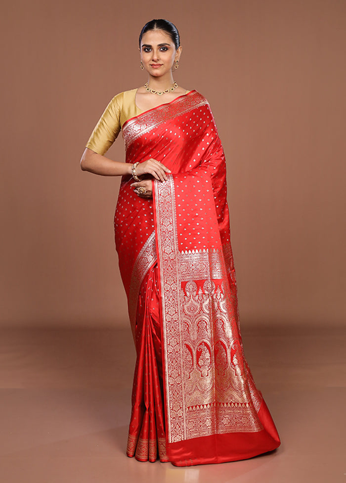 Red Banarasi Silk Saree With Blouse Piece