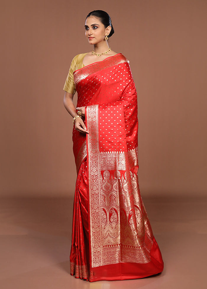 Red Banarasi Silk Saree With Blouse Piece