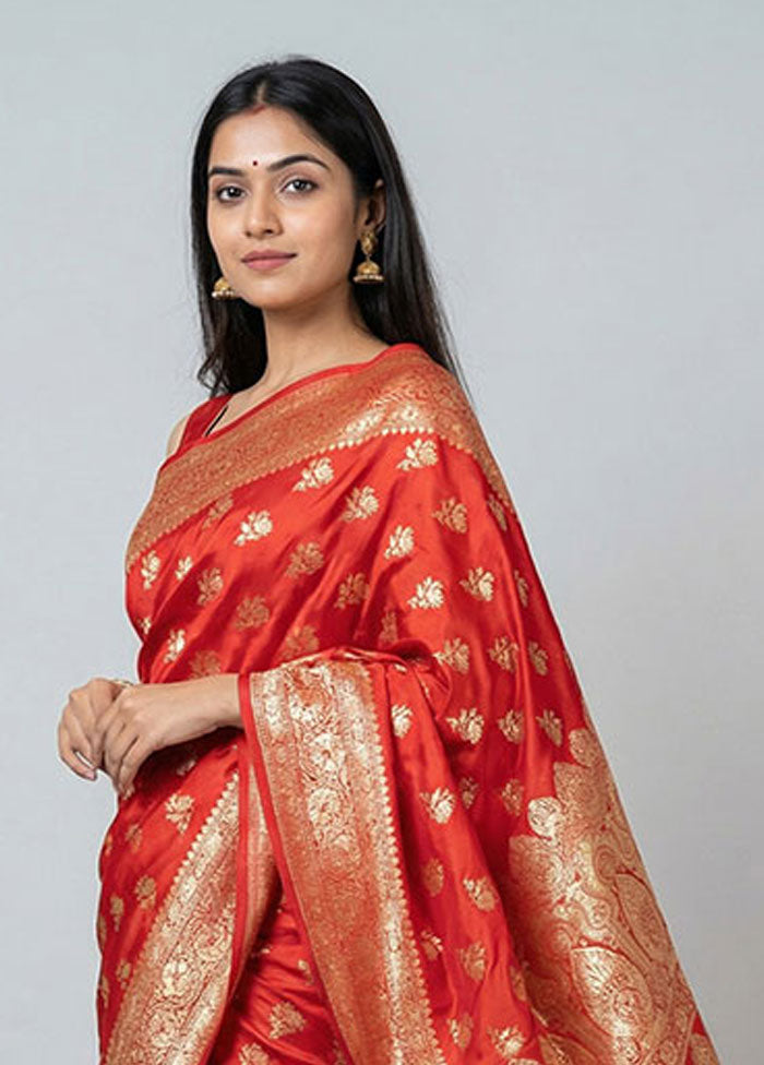 Red Banarasi Silk Saree With Blouse Piece