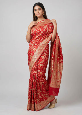 Red Handloom Katan Pure Silk Saree With Blouse Piece