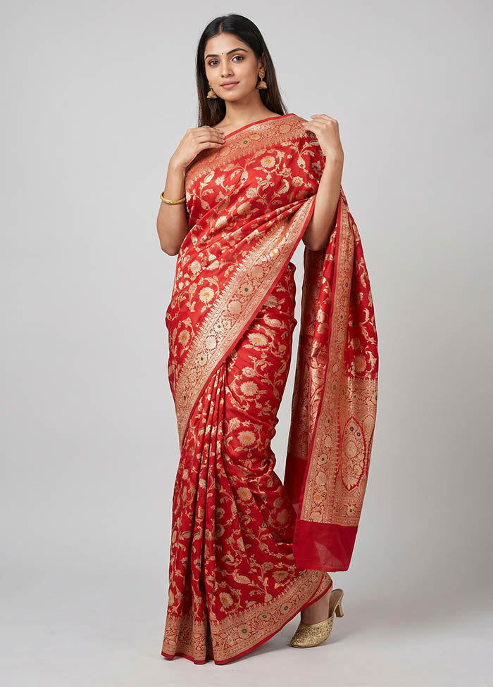 Red Handloom Katan Pure Silk Saree With Blouse Piece