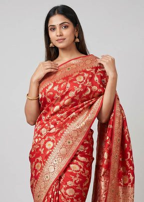 Red Handloom Katan Pure Silk Saree With Blouse Piece