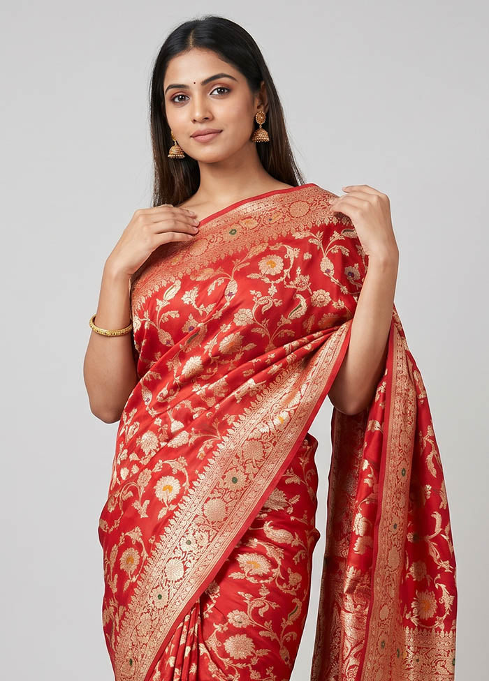 Red Handloom Katan Pure Silk Saree With Blouse Piece