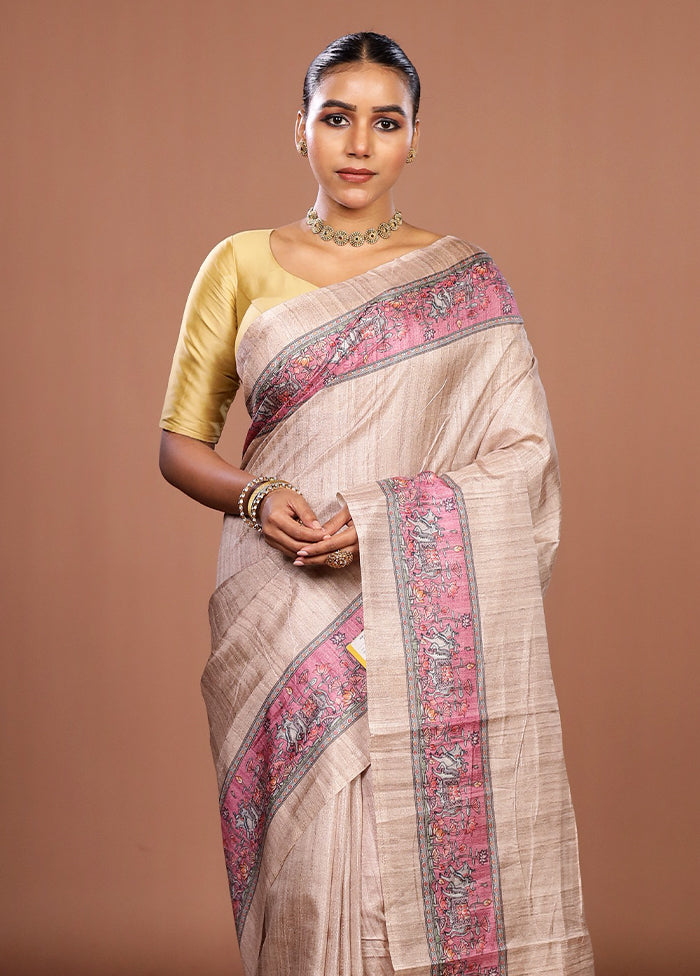 Cream Tussar Silk Saree With Blouse Piece