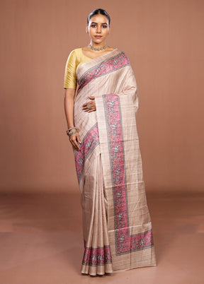 Cream Tussar Silk Saree With Blouse Piece