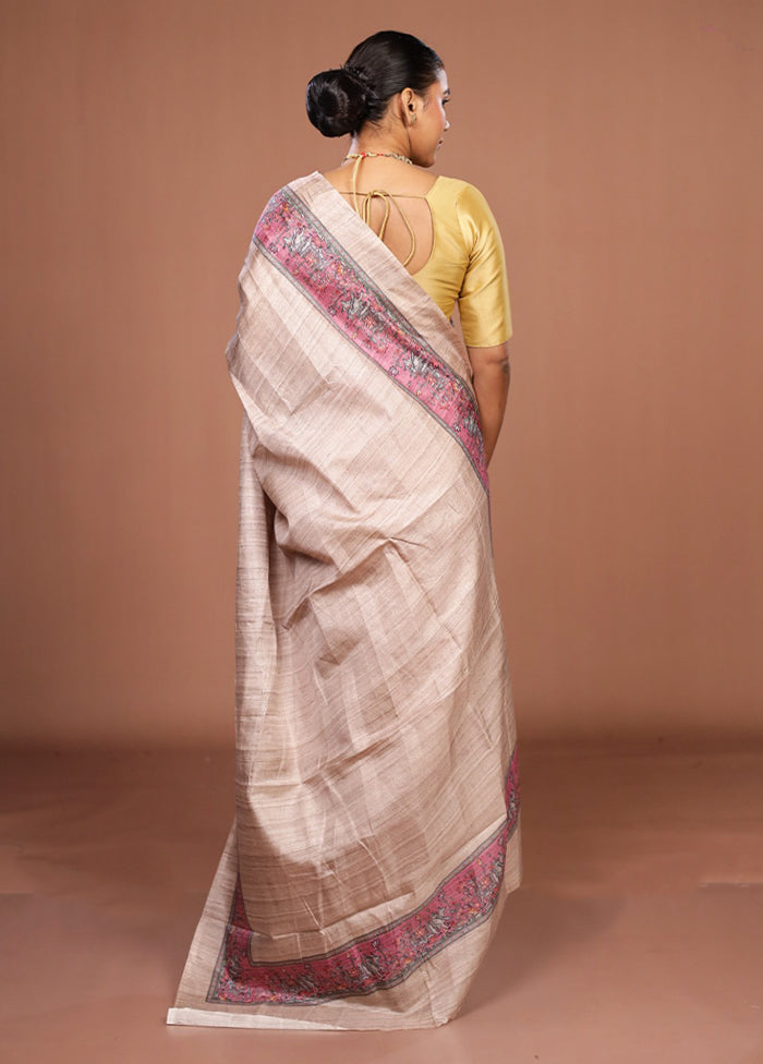 Cream Tussar Silk Saree With Blouse Piece